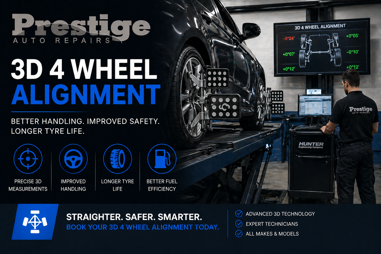 3D 4 Wheel Alignment | Prestige Auto Repairs 3D 4 wheel alignment service at Prestige Auto Repairs with vehicle on alignment rig