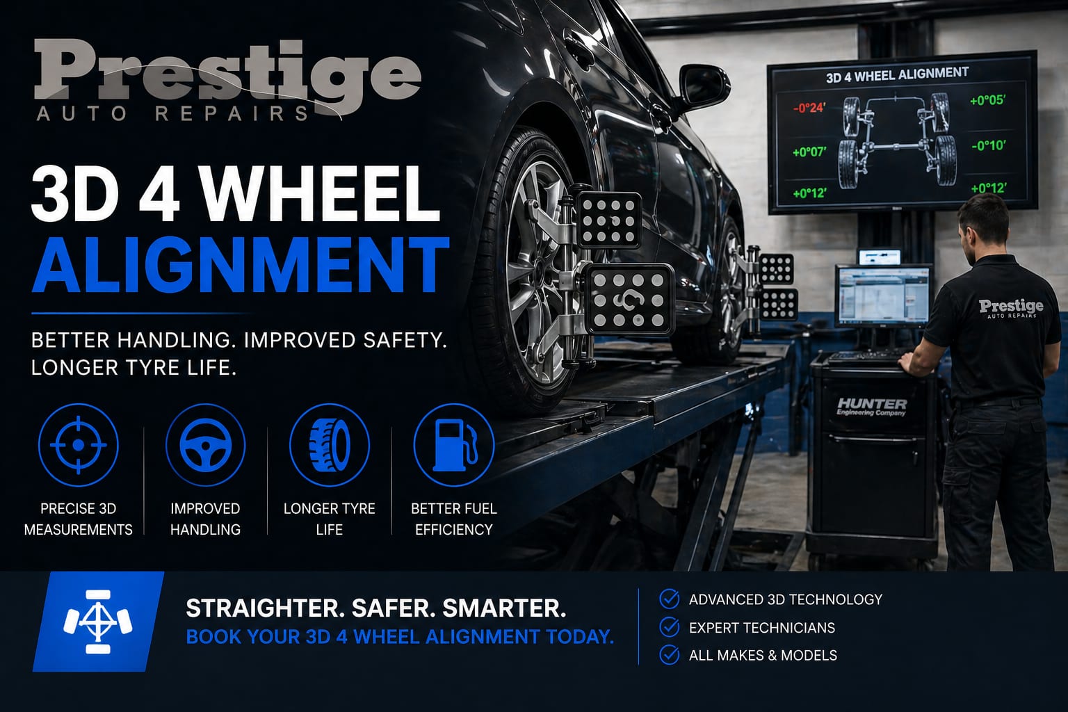 3D 4 wheel alignment service at Prestige Auto Repairs with vehicle on alignment rig