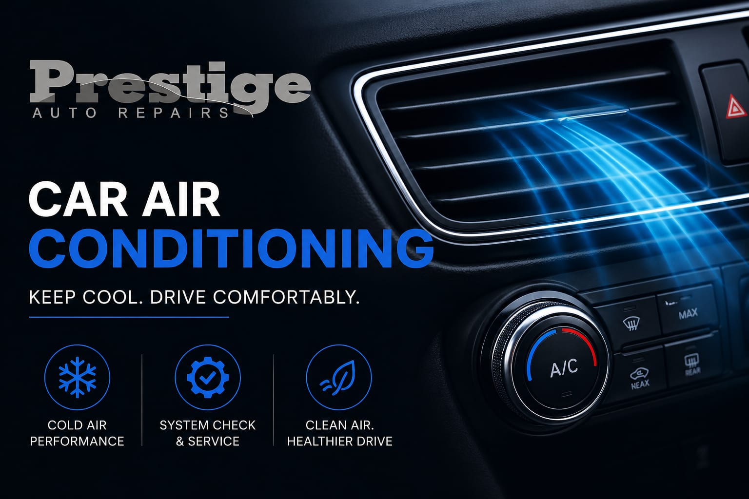 Car Air Conditioning Service | Prestige Auto Repairs Car air conditioning service at Prestige Auto Repairs showing dashboard vent blowing cool air