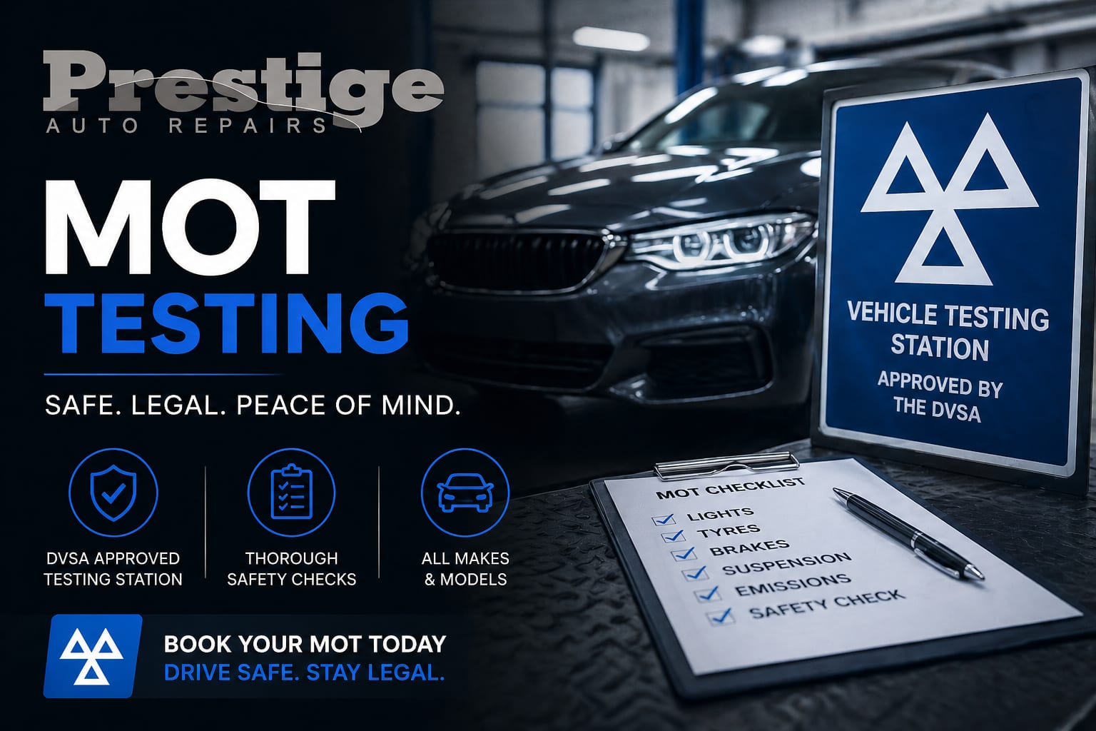 MOT Testing | Prestige Auto Repairs MOT testing service at Prestige Auto Repairs with DVSA approved vehicle testing station sign