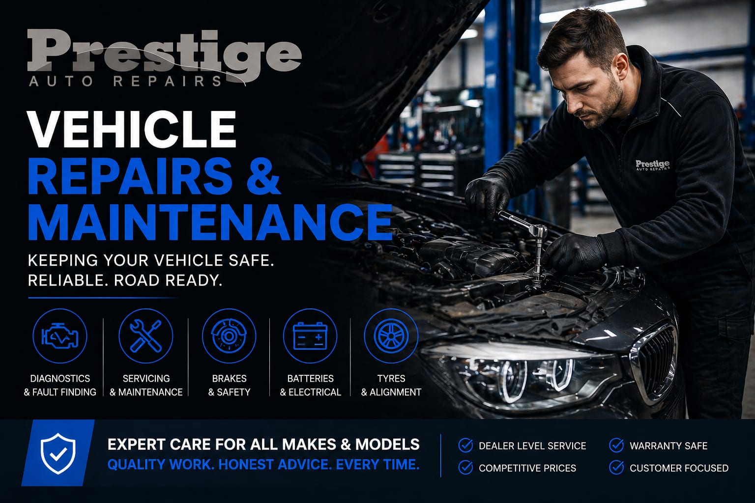 Vehicle Repairs & Maintenance | Prestige Auto Repairs Vehicle repairs and maintenance at Prestige Auto Repairs with mechanic servicing car engine